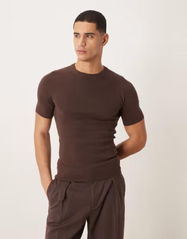 エイソス メンズ トップス Tシャツ クルーネック リブ コットン ニット ASOS DESIGN muscle fit knit ribbed crew neck Tshirt with saddl 11,385円