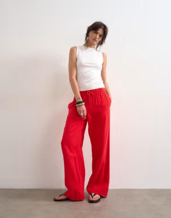 トップショップ レディース ボトムス カジュアルパンツ ストレート リネン Topshop linen straight leg trouser with deep cuff red レッド