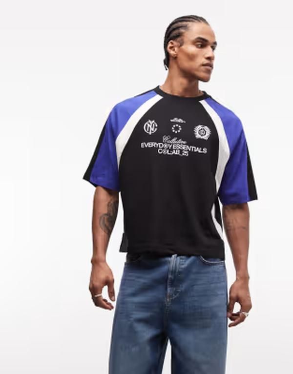 エイソス メンズ トップス Tシャツ グラフィック ASOS DESIGN boxy oversized tshirt with cut and sew paneling and soccer gra