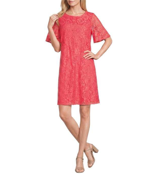 キャロライン ローズ レディース トップス ワンピース フラワー柄 レース フラワー Caroline Rose Floral Pattern Stretch Lace Scoop Neck Flut