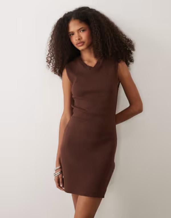 エイソス レディース トップス ワンピース Vネック リブ ミニ ASOS DESIGN ribbed high v neck mini dress BROWN ブラウン