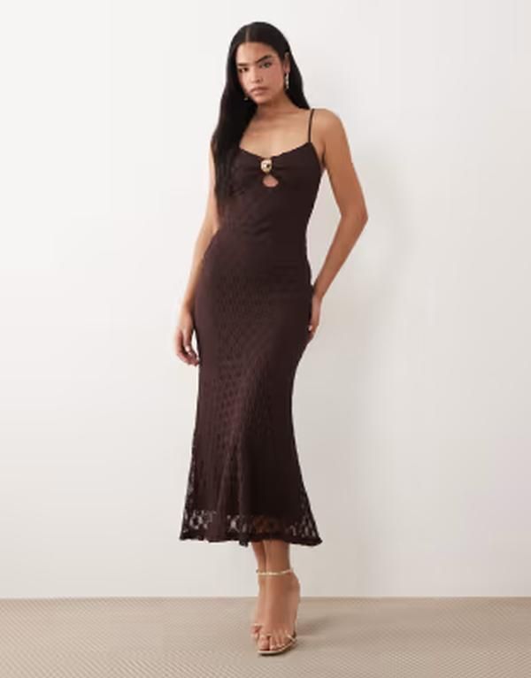 バードット レディース トップス ワンピース メッシュ ミディ レース Bardot Karla cami lace mesh gold trimidi dress in chocolate Dark