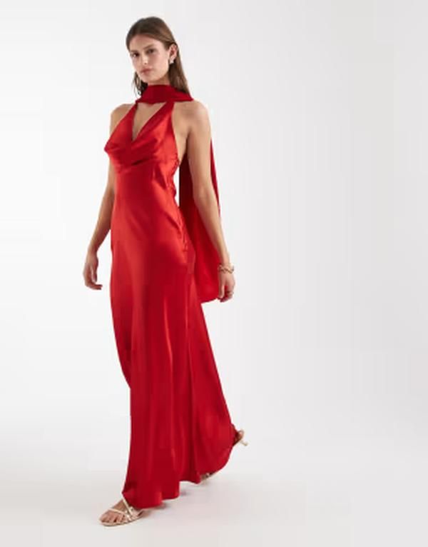 エイソス レディース トップス ワンピース サテン マキシ ASOS DESIGN satin scarf cowl neck maxi dress RED レッド