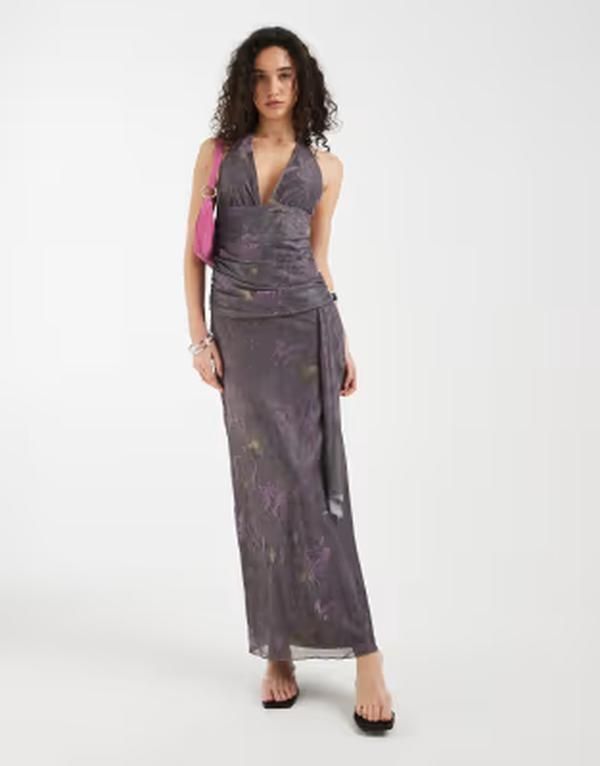 モーテル レディース トップス ワンピース ホルター Motel Rokoyo flower halter tie waist midaxi dress PURPLE パープル