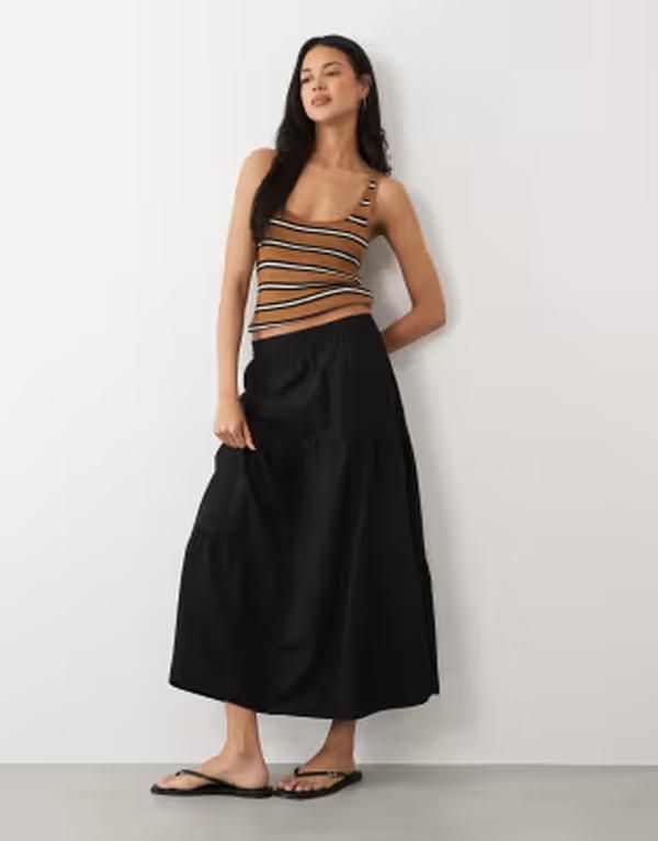ヴィラ レディース ボトムスカート ティアード リネン VILA linenblend tiered boho midaxi skirt Black beauty ブラック
