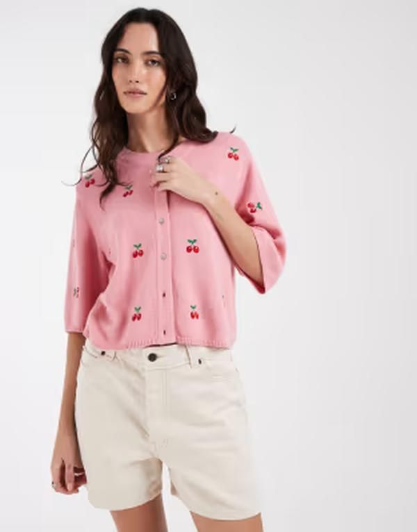オブジェクト レディース アウター カーディガン プリント Object Cardigan cherry print ROSELEGANCE ピンク