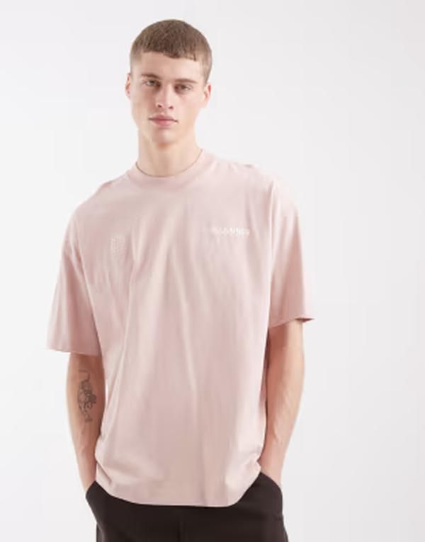 オールセインツ メンズ トップス Tシャツ プリント ロゴ AllSaints Emblem logo Tshirt with back print pink ピンク