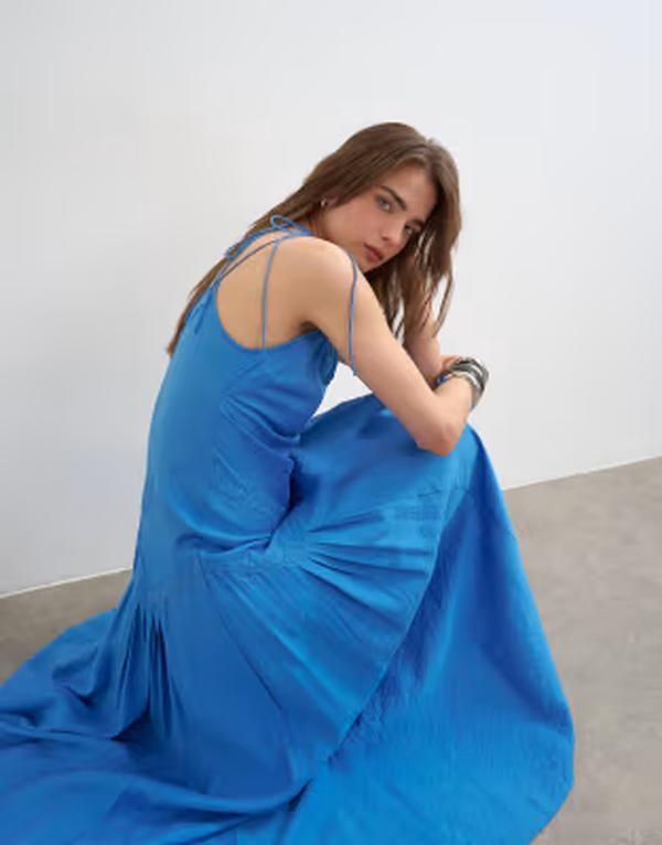 トップショップ レディース トップス ワンピース レース Topshop one sleeve crinkled midaxi dress with lace inserts in cornflowe