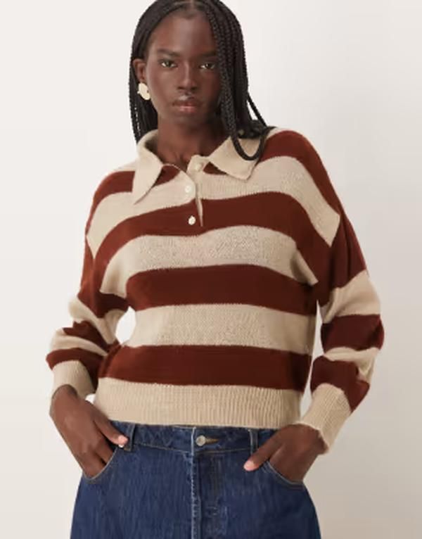 マンゴ レディース トップス ポロシャツ ニット Mango fine knit polo top and cream stripe Multi マルチカラー