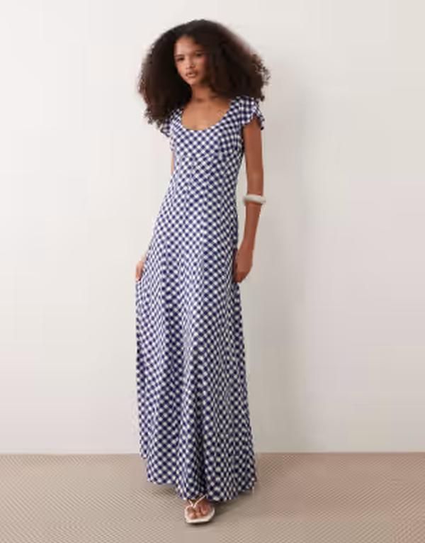 エイソス レディース トップス ワンピース ギンガムチェック プリント マキシ ギンガム ASOS DESIGN scoop neck short sleeve maxi dress with god