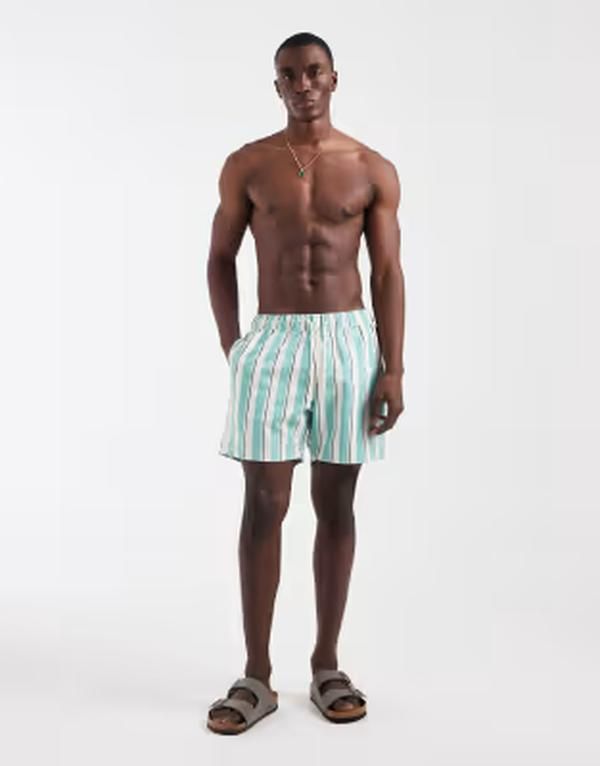エイソス メンズ 水着 ハーフパンツ・ショーツ ショートパンツ ASOS DESIGN swim shorts in mid length in turquoise watercolor stripe
