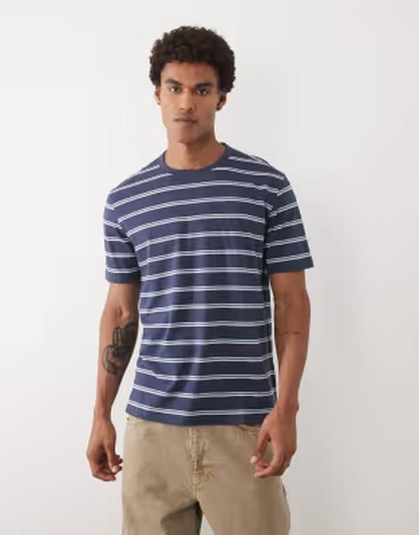 マンゴ メンズ トップス Tシャツ コットン Mango 100 cotton light weight striped Tshirt NAVY ネイビー