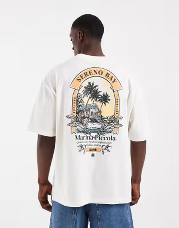 エイソス メンズ トップス Tシャツ グラフィック ASOS DESIGN oversized tshirt with breach back graphic in cream Coconut mil 9,110円