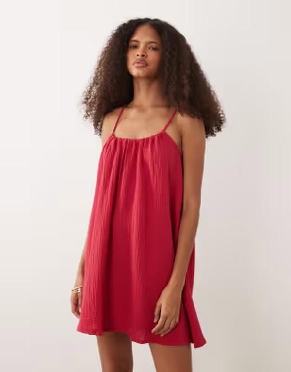 ジェイディーワイ レディース トップス ワンピース ミニ ノースリーブ JDY cheesecloth sleeveless mini dresski patrol レッド