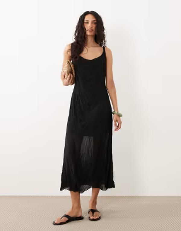 エイソス レディース トップス ワンピース マキシ ASOS DESIGN crinkle scoop neck maxi dress Black ブラック