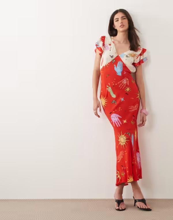 ネバーフリードレスド レディース トップス ワンピース Vネック プリント ミディ サテン Never Fully Dressed satin v neck flutter sleeve midi d