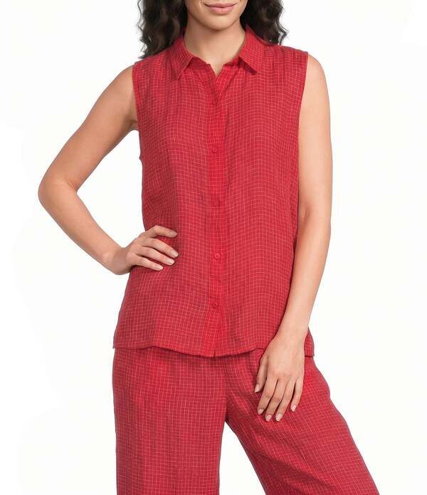 エイリーンフィッシャー レディース トップス シャツ プチ ノースリーブ リネン Eileen Fisher Petite Puckered Organic Linen Grid Point Coll
