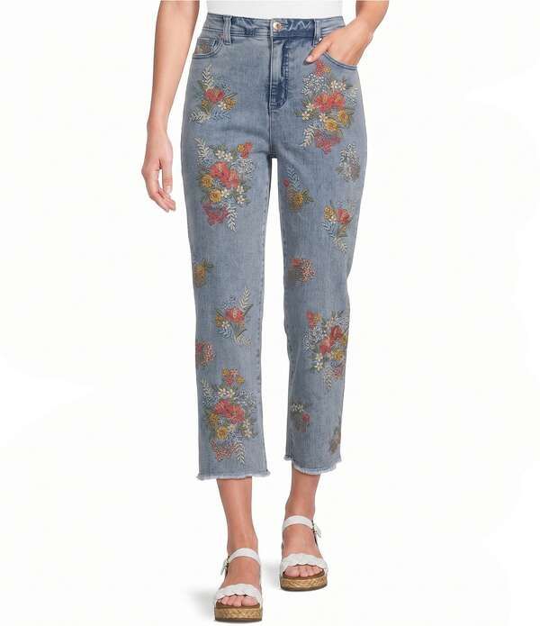 ジョン マーク レディース ボトムス デニムパンツ フラワー柄 刺繍 ジーンズ フラワー John Mark Embroidered Floral Flare Crop Jeans Denim Pri