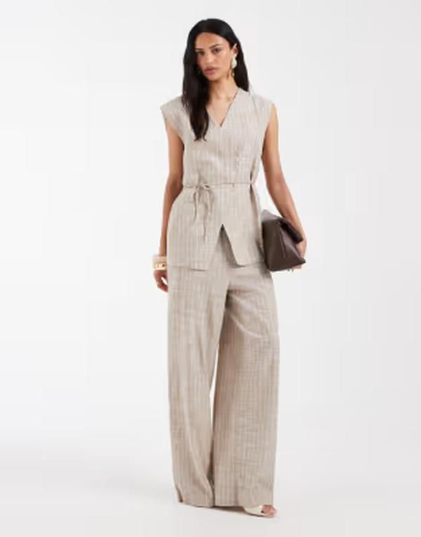 オブジェクト レディース ボトムス カジュアルパンツ ワイドレッグ リネン Object linen mix tailored wide leg pants in cream and white st