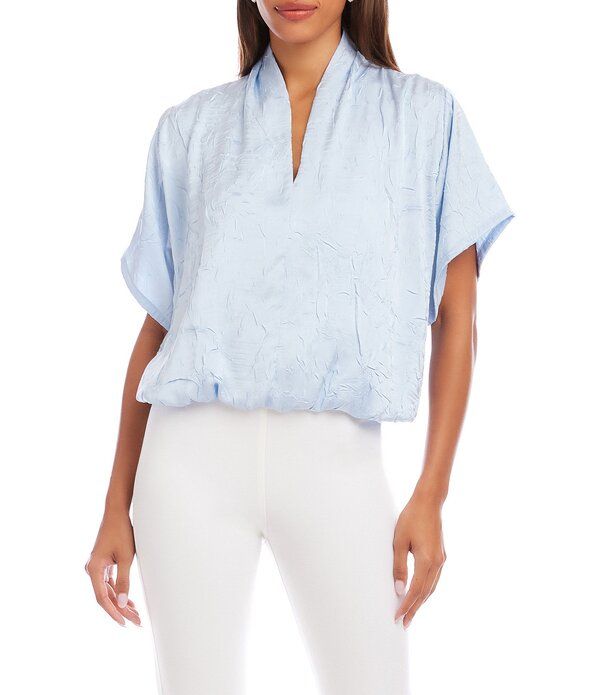 カレンケーン レディース トップス シャツ Vネック プチ サテン Karen Kane Petite Size Crushed Satin VNeck Short Sleeve Top Light