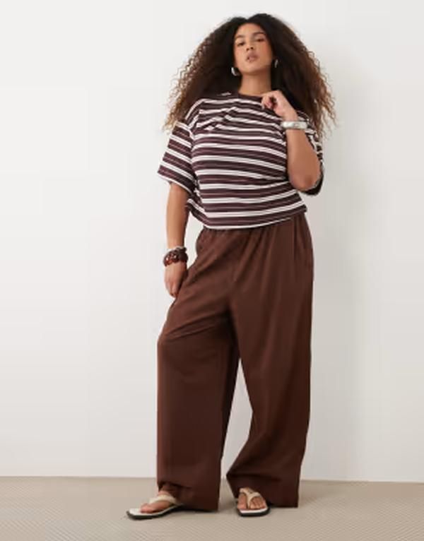エイソス レディース ボトムス カジュアルパンツ リネン ASOS Curve ASOS DESIGN Curve linen mix pants part of a set Brown ブラウン