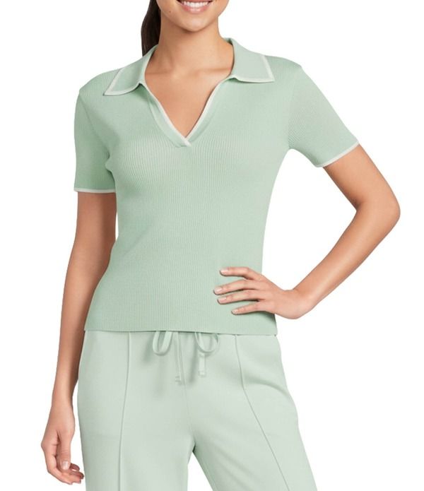 アントニオ メラーニ レディース トップス シャツ Vネック リブ コントラスト ブラウス Antonio Melani Contrast Ribbed VNeck Collar Short Slee