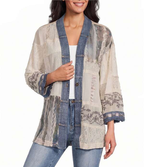 ジョン マーク レディース アウター コート パッチワーク レース ジャケット John Mark Woven Lace Patchwork 34 Sleeve One ButtonFront Jac