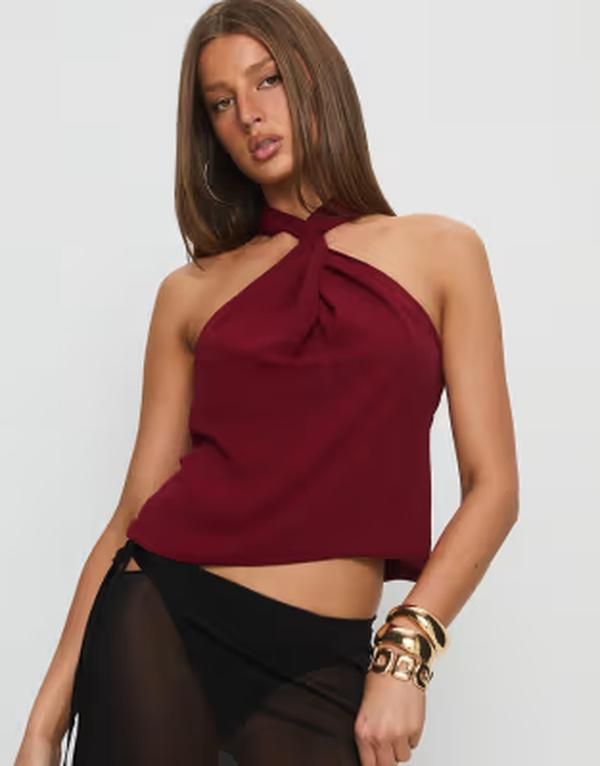 プリンセスポリー レディース トップス シャツ ホルター Princess Polly Adalynne twist front halterneck top Burgundy バーガンディ
