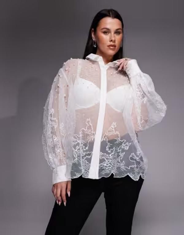 エイソス レディース トップス シャツ レース ASOS LUXE Curve organzand lace mix fauxpearl embellished shirt WHITE ホワイト 36,920円