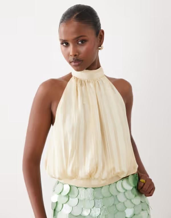 ミッシーエンパイア レディース トップス シャツ ハイネック サテン Missyempire satin high neck bubble hem top in lemon part of a set