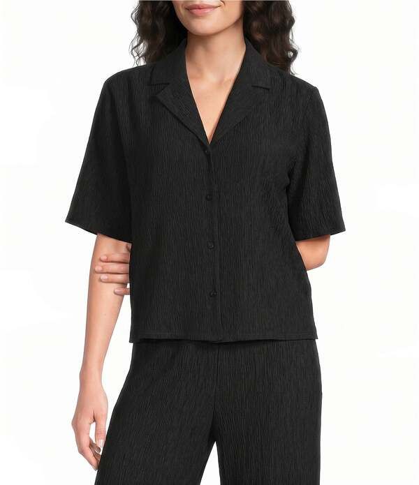 エイリーンフィッシャー レディース トップス シャツ Eileen Fisher Crinkle Woven Plisse Notch Collar Elbow Sleeve ButtonFront