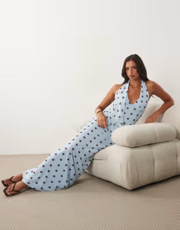 エイソス レディース トップス ワンピース ドット柄 ドレープ ドット プリント メッシュ マキシ ホルター ASOS DESIGN printed meshalter maxi dress with