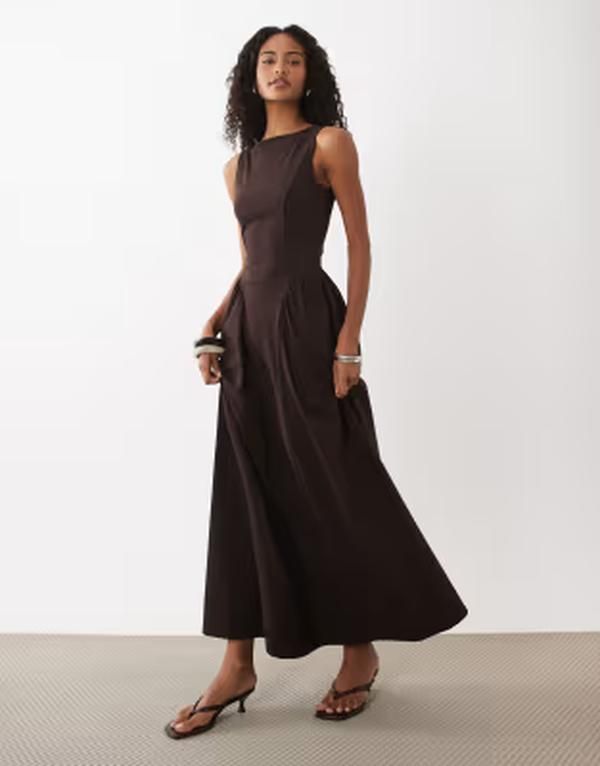 エイソス レディース トップス ワンピース ミディ ASOS DESIGN boat neck waist detail midi dress in chocolate チョコレート