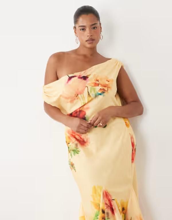 エイソス レディース トップス ワンピース アシンメトリー フラワー柄 プリント フラワー ASOS Curve ASOS DESIGN Curve fallen shoulder midaxi dr