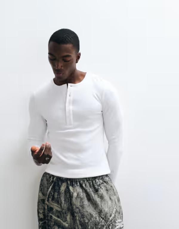 コルージョン メンズ トップス Tシャツ COLLUSION long sleeve fitted henley tshirt WHITE ホワイト