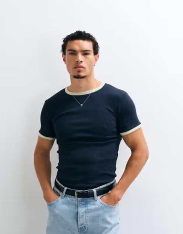 エイソス メンズ トップス Tシャツ ASOS DESIGN muscle fitshirt with ringer detailing and green rib Sky captaingreen