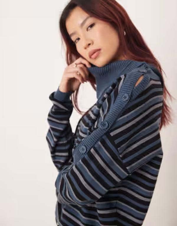 モーテル レディース アウター ニット・セーター アシンメトリー Motel Muniar striped knit asymmetricollar sweater BLUE ブルー 20,576円