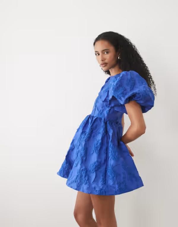シスタージュン レディース トップス ワンピース ミニ Sister Jane Clover exclusive jacquard puff sleeve mini dress in cobalt B
