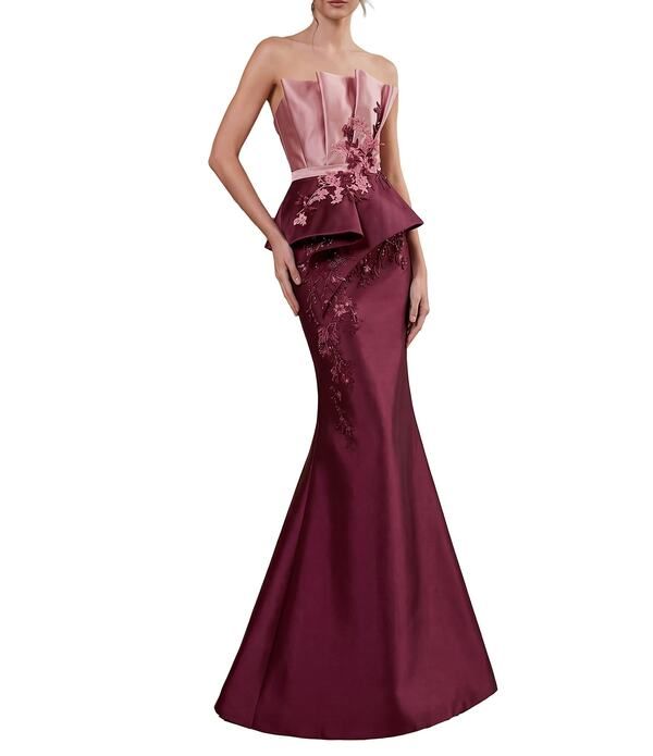 テラニクチュール レディース トップス ワンピース Terani Couture Fluted Top Two Tone Gown Rose Burgundy バーガンディ
