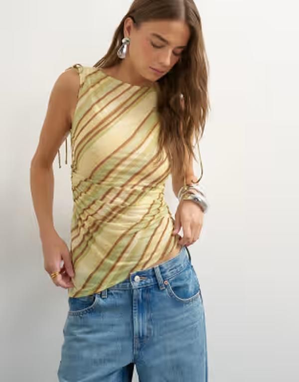 トップショップ レディース トップス タンクトップ アシンメトリー ギャザー メッシュ Topshop ruched shoulders asymmetric mesh top stripes BRO 11,920円