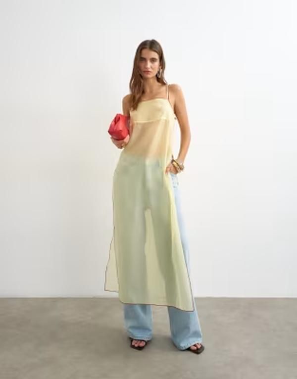 トップショップ レディース トップス タンクトップ シアー Topshop sheer organza longline camin lemon with red tipping LEMON レッド