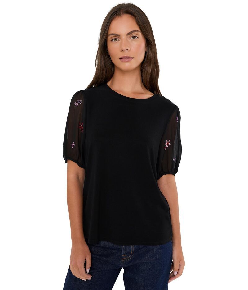 セセ レディース トップス シャツ クルーネック Cece Beaded Sleeve Mixed Media Crew Neck Top Rich Black ブラック