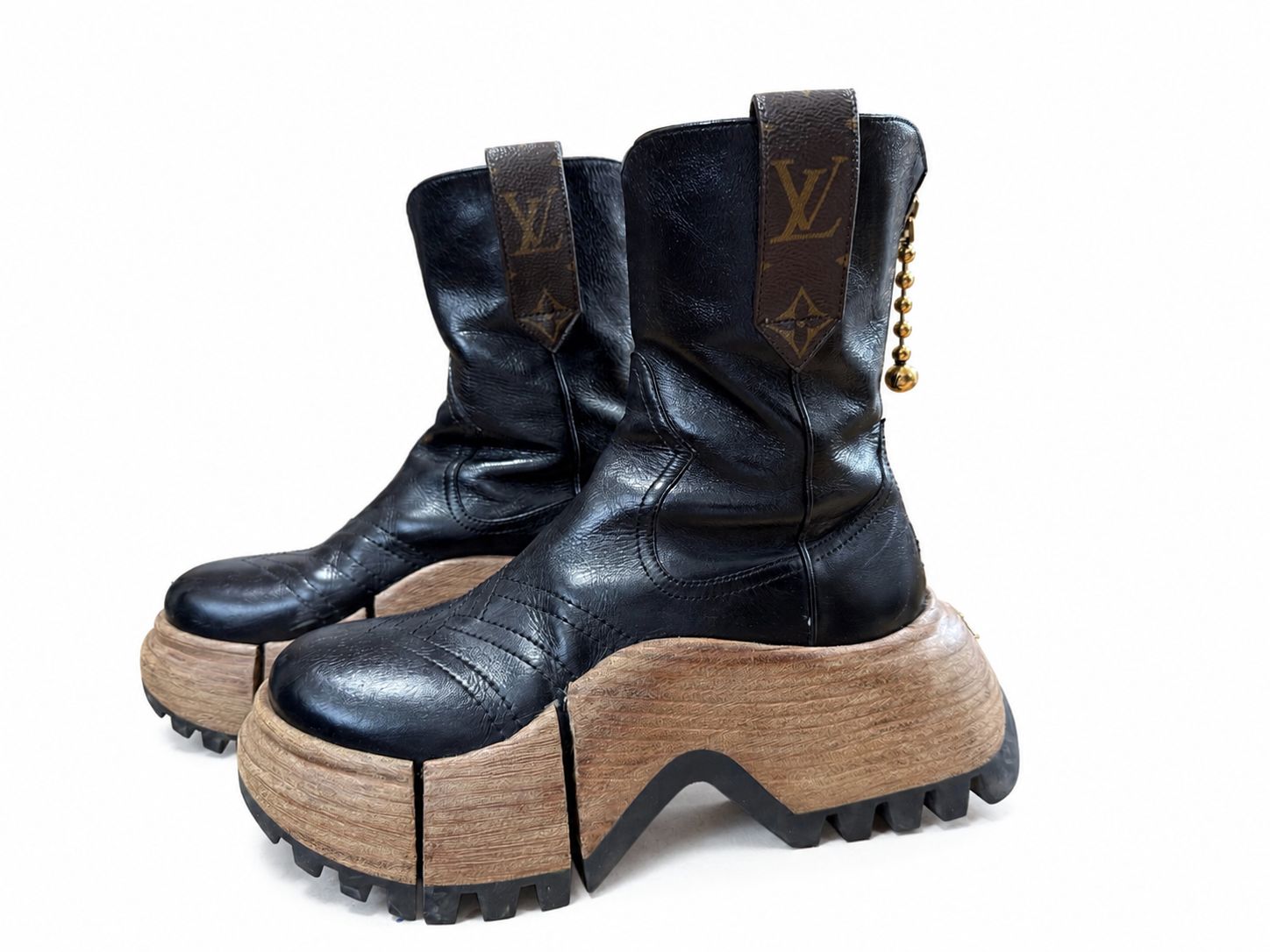 LOUIS VUITTON ルイヴィトン LVズーム ライン ウッドヒール プラットフォーム レザー ショートブーツ アンクルブーツ 黒 37