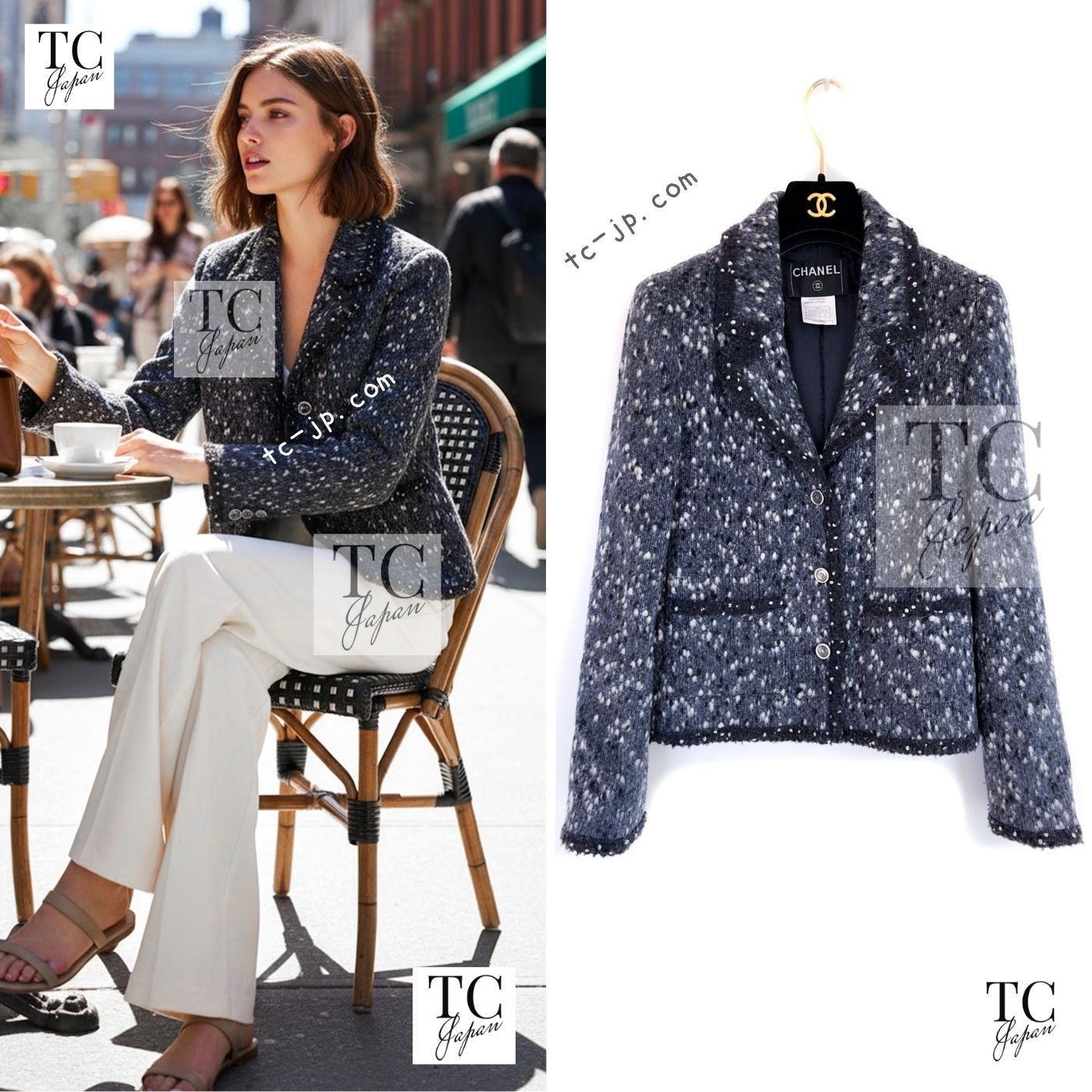 シャネル ジャケット CHANEL ネイビー ダーグレー ポップコーン ウール ポップコーン ココボタン 貴重 超美品 42 106,500円