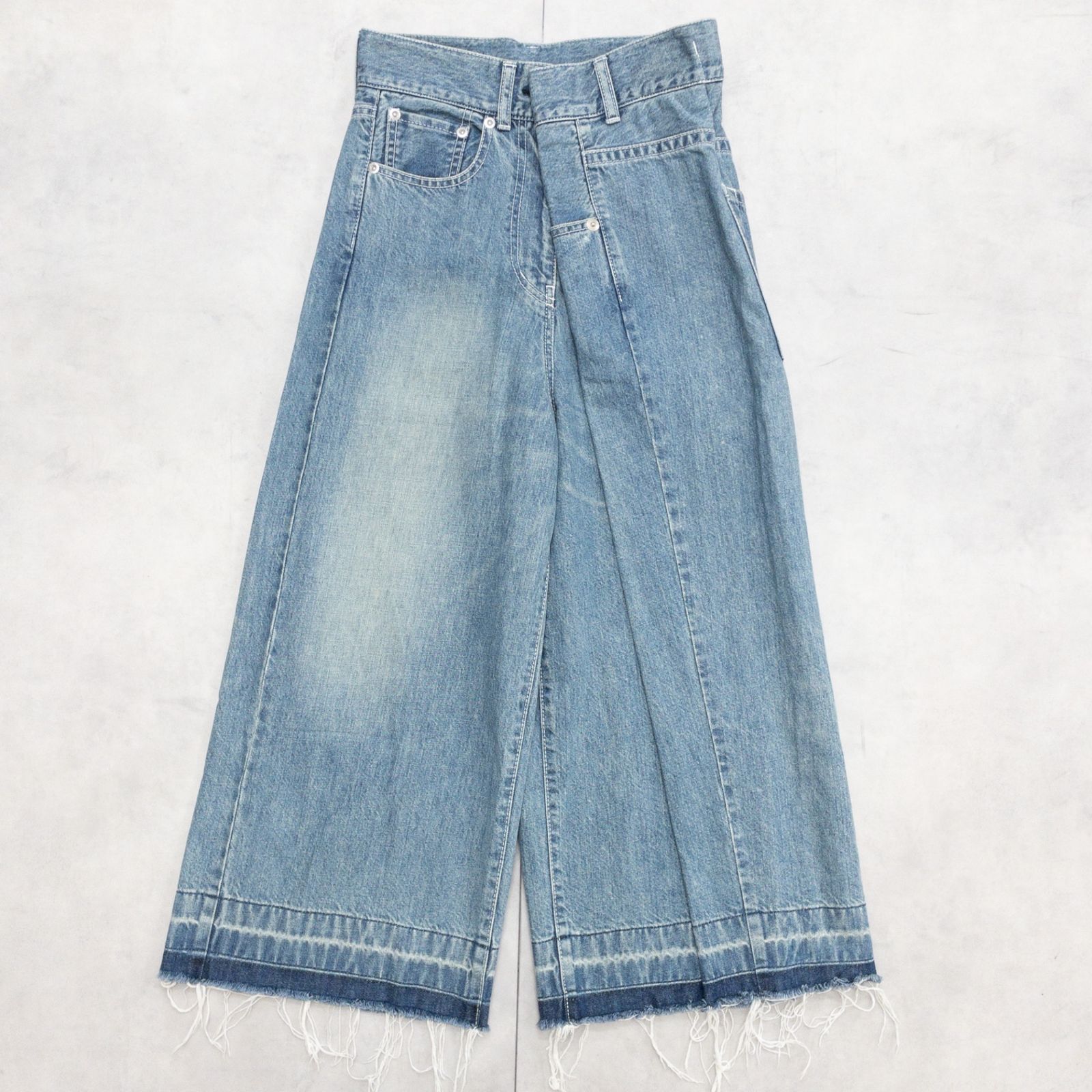 sacai サカイ デニムパンツ アシンメトリー ワイド カットオフ コットン ブルー 日本製 レディース 0 b02680