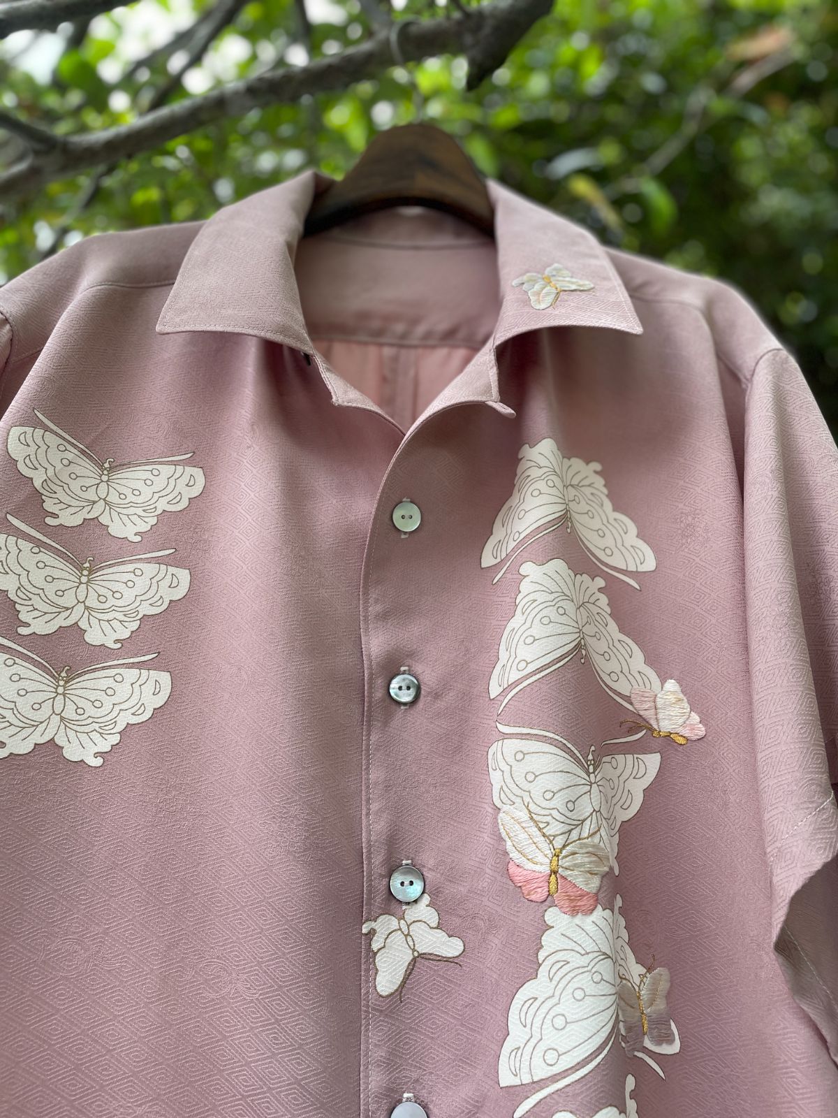 着物リメイク蝶刺繍 アロハシャツ 開襟シャツユニセックスsh-0008