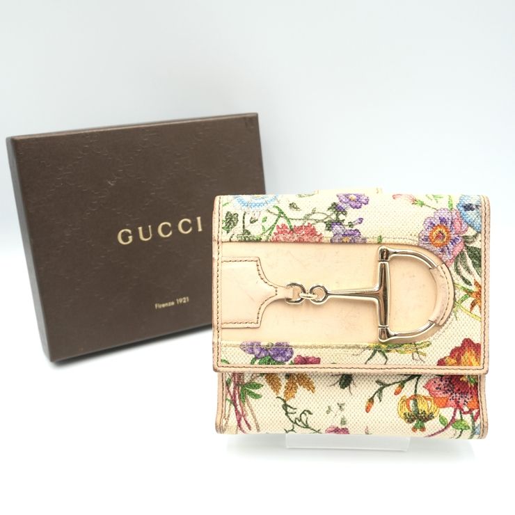 GUCCI（グッチ）ホースビット フローラ ヴィンテージ 二つ折り財布 花柄 キャンバス レザー ベージュ マルチカラー ゴールド金具 138029 2149 レディース【中古】
