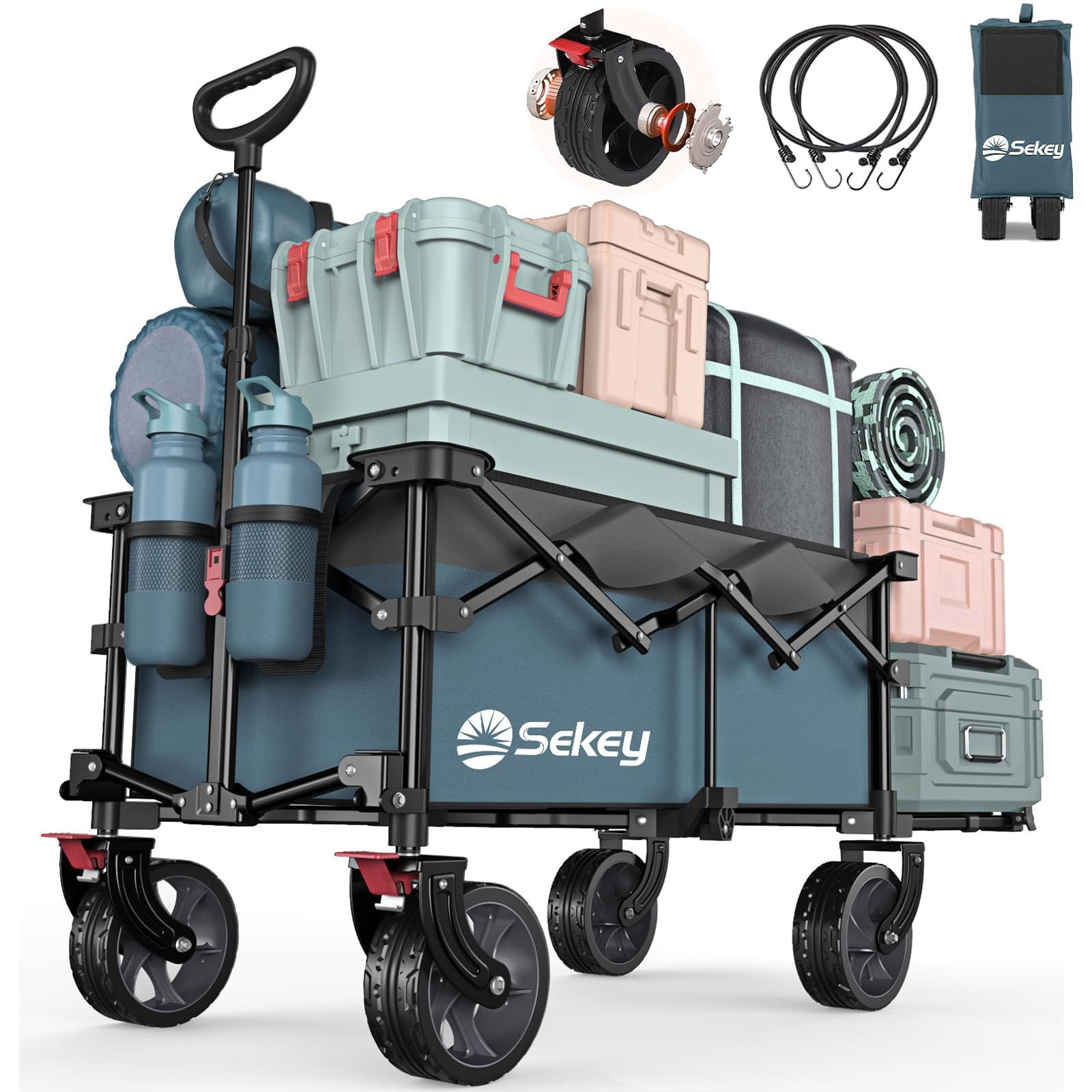 msSekey 後ろ開け キャリーワゴン 2way 長物対応 大容量200L 高耐荷重150kg 【ベアリング内蔵の大型ノーパンクタイヤ】ブレーキ付き アウトドアワゴン 軽量 自立収納 静音 キャンプ・レジャー・釣り・運動会 キャンプカート ブルー＆グレー