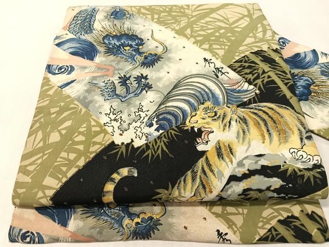 平和屋着物●アンティーク 大正ロマン 全通柄 九寸名古屋帯 刺繍 雲龍 トラ 金糸 正絹 逸品 CABL0393vp