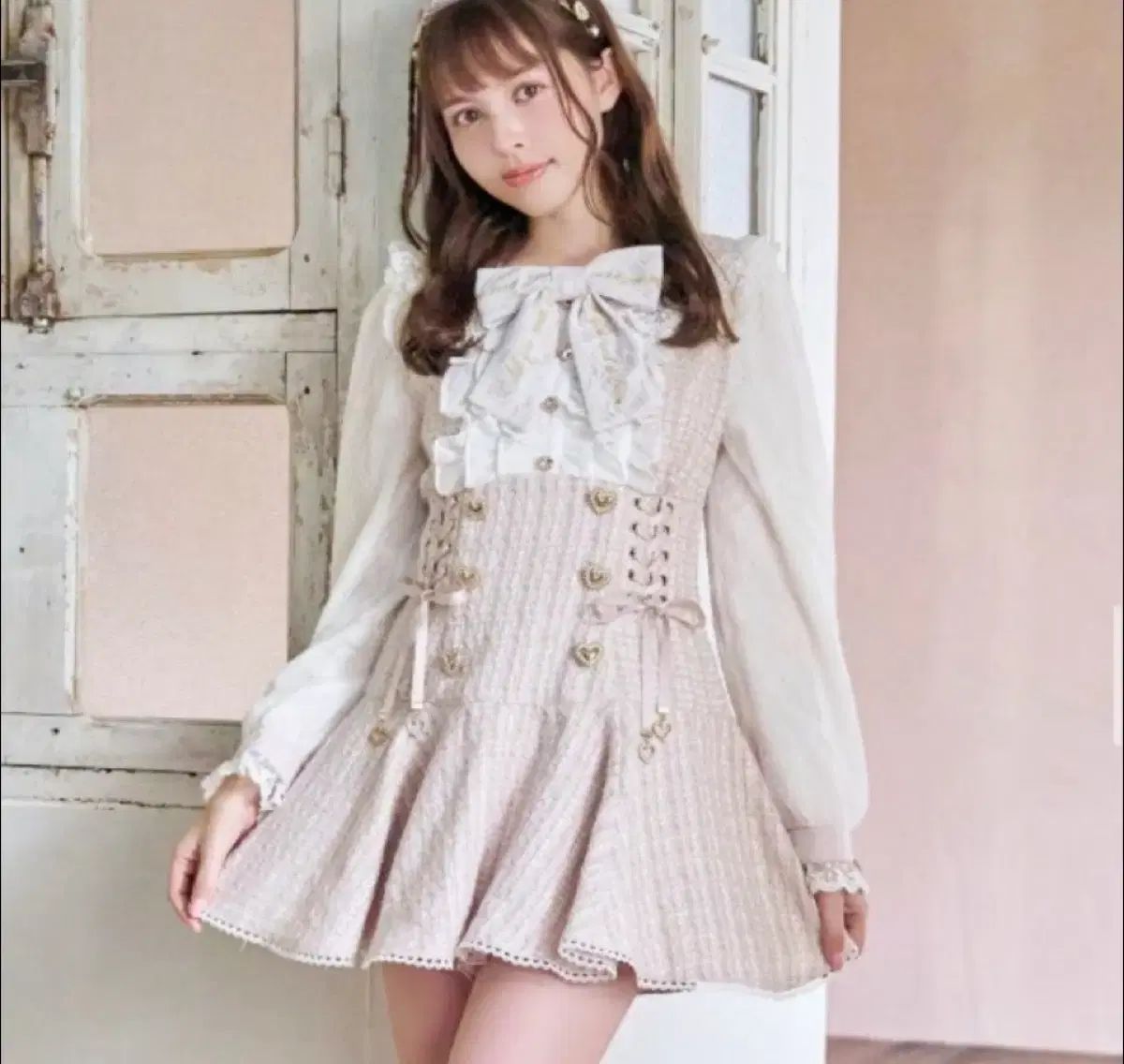 リズリサ コメント リボン ツイード セットアップ ピンク